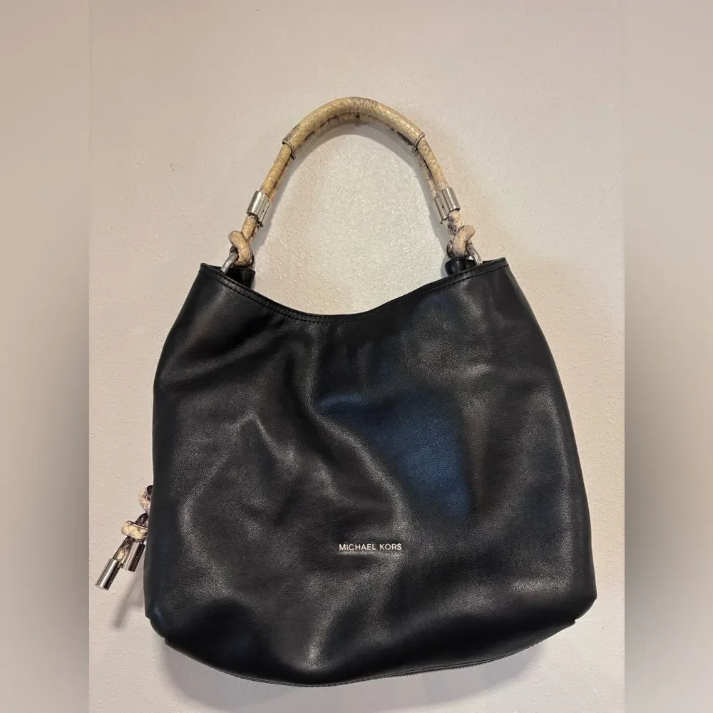 Michael Kors Isabel large convertible black leather shoulder bag snakeskin